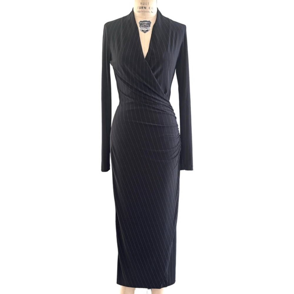 Norma Kamali Faux Wrap Jersey Pinstripe Sheath Maxi Dress in Black Size XS - Picture 2 of 11